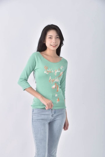 (S) hm棉質兔子綠色長袖上衣