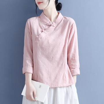 中式棉麻立領斜襟珠扣提花長袖上衣女春秋新款中國風文藝復古襯衫