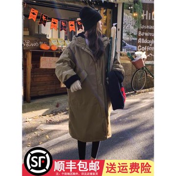 工裝派克服棉衣外套女冬中長款加絨加厚韓版寬松BF風過膝連帽棉服