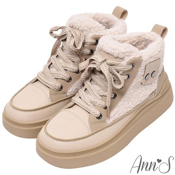 ☃️雪靴買就送及膝堆堆襪☃️✨NEW✨Ann’S毛毛綁帶止滑橡膠底雪靴短靴4cm-米白(版型偏小)
