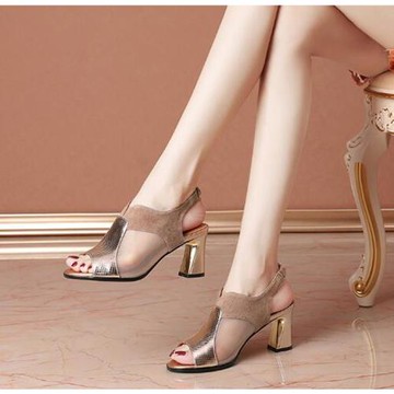 Taroko 性感名模透氣網紗魚嘴粗高跟涼鞋(2色可選)