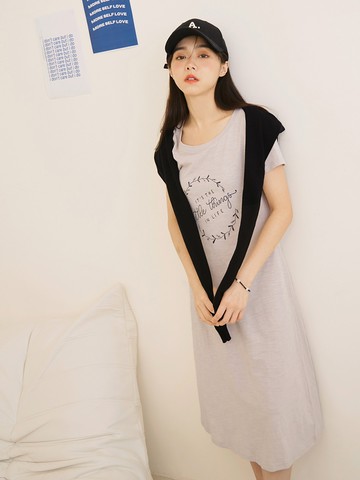 竹節棉率性印花短袖長洋裝