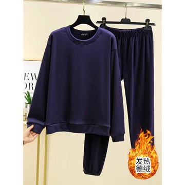 加厚德絨睡衣套裝女2024冬季加絨圓領衛衣家居服運動束腳褲套裝