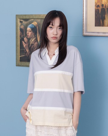 寬條紋針織polo領上衣(兩色)