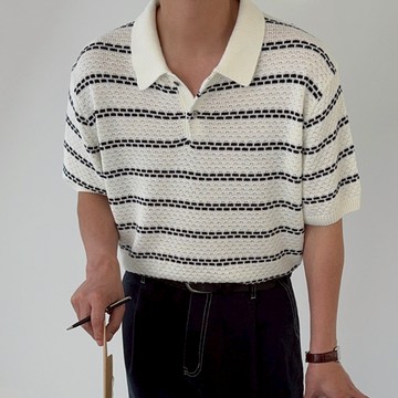 【Metanoia】韓國設計 翻領條紋鈕扣針織短袖上衣