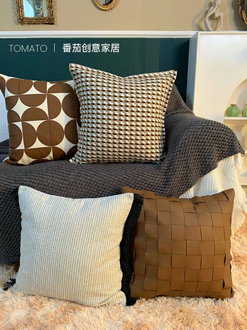 現代簡約北歐床頭客廳編織仿皮抱枕方形腰靠墊輕奢民宿靠枕不含芯居家小物 家飾