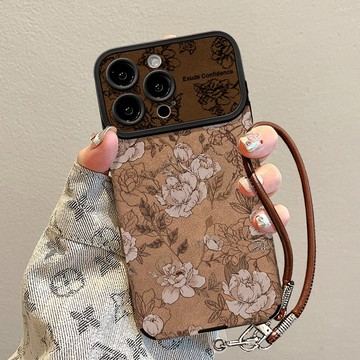 復古花朵帶掛繩適用蘋果17pm手機殼iphone15硅膠16翻毛皮14保護套