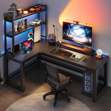 轉角電競桌 電腦桌  臺式家用雙人書桌 書架一體桌 臥室拐角桌子辦公桌qxm9031