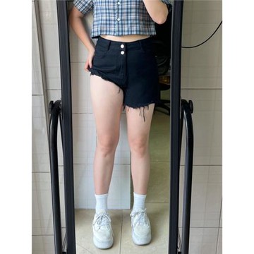 黑色牛仔短褲女2025年新款夏季大碼高腰寬松顯瘦熱褲a字毛邊褲子