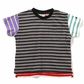 日本 BREEZE - [推薦]定番款短袖上衣-撞色條紋-黑紫綠