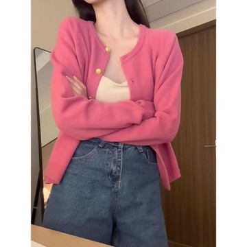 慵懶風玫紅色針織開衫女秋冬溫柔氛圍感絕美軟糯毛衣外套漂亮上衣