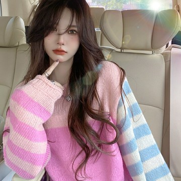 纖婕芙圓領套頭毛衣2022秋季新款韓版慵懶風初戀彩虹條紋針織上衣