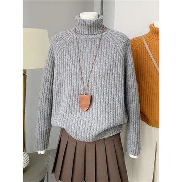 純色全羊毛豎坑條高領套頭毛衣針織衫上衣女士秋冬新款保暖內搭