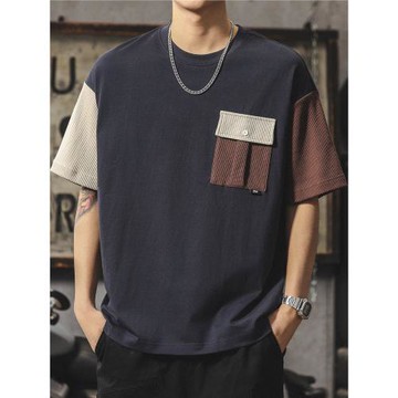 夏季純棉拼色短袖t恤男士寬松潮牌美式復古休閑百搭圓領半袖上衣