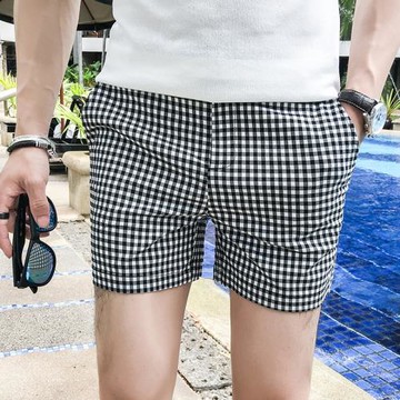 休閑短褲男夏季薄款格子小西褲韓版潮流男士三分沙灘褲修身超短褲