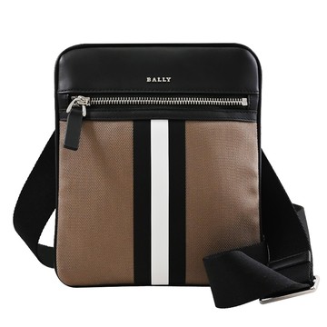 BALLY 6310072 TELFORD 經典條紋印花拼接帆布斜背扁包.棕褐色