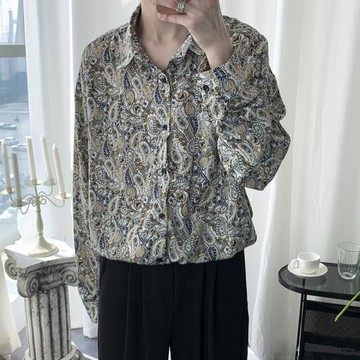 港風很仙腰果花長袖襯衫男韓版夏季設計感bf情侶寬松小眾外穿襯衣