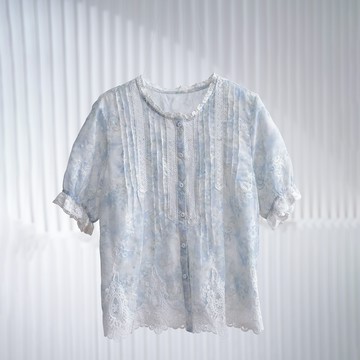 森系碎花蕾絲拼接短袖襯衫294755