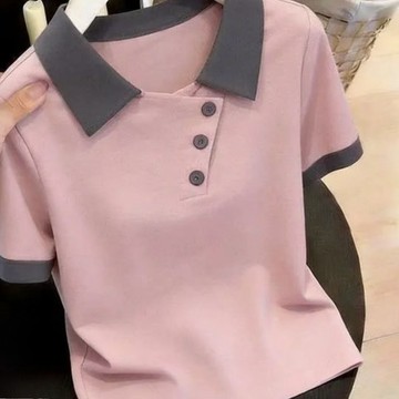 時尚寬鬆POLO衫 上衣 上衣 短袖衫 POLO衫 夏季新款POLO衫短袖女時尚設計感獨特好看寬鬆上衣潮翻領 韓版女裝
