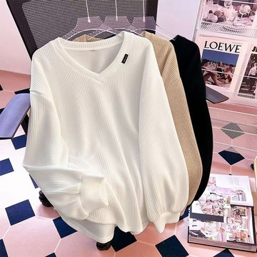 120kg可穿 大碼上衣 中長款 秋冬新款寬鬆顯瘦  大碼加厚 坑條別緻V領長袖t恤女 寬鬆長袖 秋季長袖t