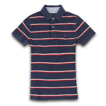 美國百分百【Tommy Hilfiger】Polo衫 TH 短袖 上衣 條紋 網眼 白 紅 復古 藏藍 XS號 F270