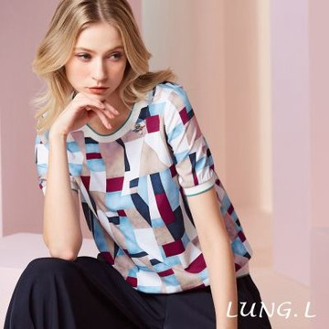 LUNG.L林佳樺  白色幾何印花圓領短袖棉質女裝上衣 LU77A