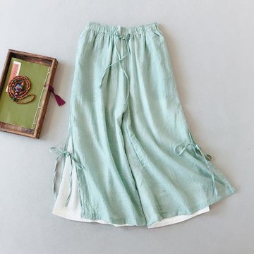 中國風復古文藝綁帶闊腿褲女夏寬松休閑瑜伽褲茶服仙女裙褲七分褲