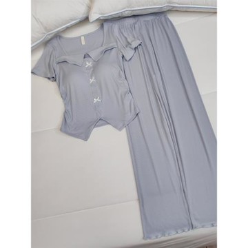 帶胸墊睡衣女夏季短袖開衫網紅風套裝新款純色可外穿莫代爾家居服