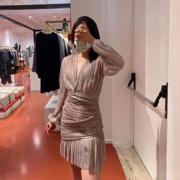 經典款泡泡袖V領金銀絲百褶收腰禮服連衣裙 MFPRO02014