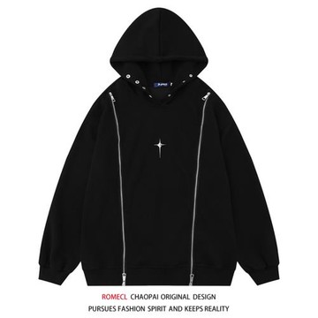 ROMECL美式休閑加絨簡約純色雙拉鏈連帽衛衣情侶裝高級感帥氣外套