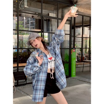 【太妮絲M253】現貨 韓系寬鬆格紋長版襯衫 外套式 防曬衫 百搭 休閒 長袖罩衫 長袖襯衣 格子襯衫