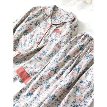 水洗棉布純棉長袖睡衣套裝女春秋季長褲開衫花全棉家居服套裝薄款