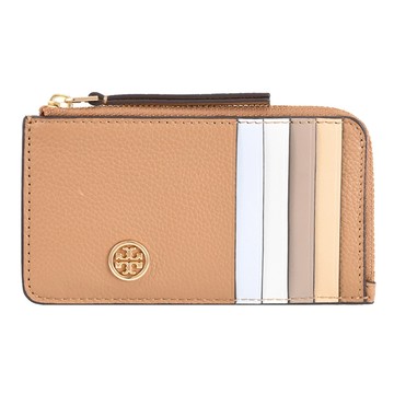 TORY BURCH 165006 撞色款皮革L型拉鍊5卡零錢包.淺咖
