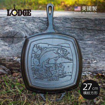 美國LODGE 野生動物系列 美國製方形鑄鐵橫紋煎鍋/烤盤(鱒魚)-27cm (L8SGPWLFI)