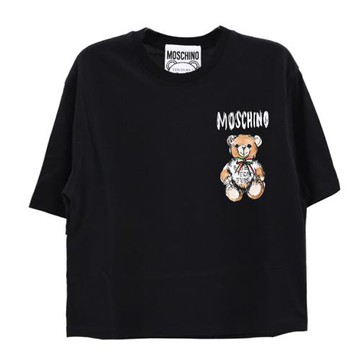 MOSCHINO 經典LOGO小熊燙印插畫短版棉質短T恤.黑