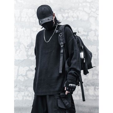 暗黑半高領打底衫慵懶高級感男士毛衣潮牌高街弧形下擺設計針織衫