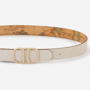 【Alviero Martini 義大利地圖包】金釦LOGO雙面兩用皮帶100cm-白色X地圖黃