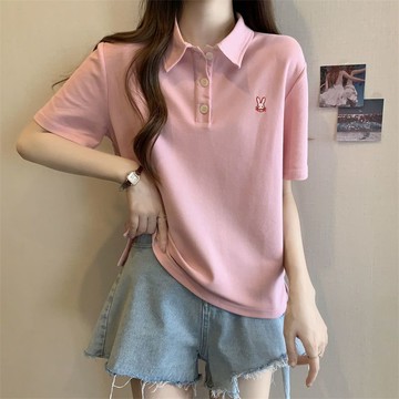 設計感POLO衫女 上衣 T恤 短袖衫 韓系服飾 大碼胖mm設計感POLO領女夏季百搭顯瘦遮肉短袖爆款上衣潮