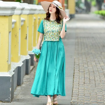 夏季新款大碼女裝中長款復古碎花高腰寬松顯瘦連衣裙大擺長裙