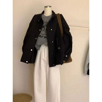 『ATC』大碼秋裝女美式百搭純色工裝風衣女秋冬季復古胖mm寬鬆翻領休閒夾克外套