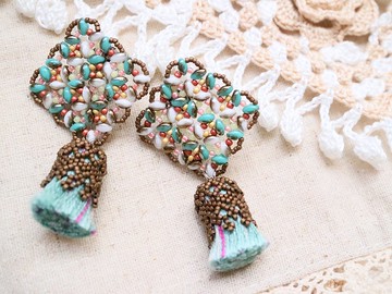 玻璃花呢螺絲彈簧耳夾綠松石色優雅精緻捷克波西米亞七彩捷克珠子捷克玻璃籽珠流蘇簇絨