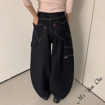 FSY愛心口袋工裝風牛仔褲【10961】韓系INS休閒百搭慵懶寬鬆復古設計感高腰工裝褲 牛仔長褲 牛仔寬褲 BonChu