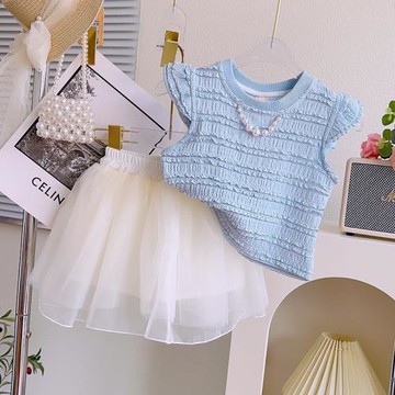 女童純棉高端休閑套裝2024夏季中小童寶寶洋氣時髦短袖半裙兩件套