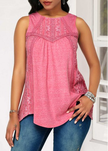 Asymmetric Hem Lace Panel Tank Blouse