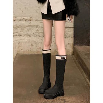 字母拼色厚底騎士靴秋冬新款啞光顯瘦長筒靴中跟雨靴真皮粗跟長靴