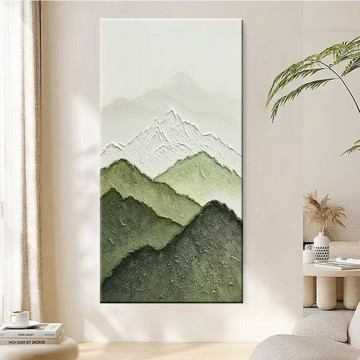 【含稅/免運】 純手繪油畫現代玄關裝飾畫背有靠山綠色立體肌理長條掛畫豎版成品