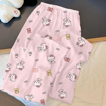 台灣出貨 夏季雲朵棉kitty可愛女純棉褲清遛彎闊腿長褲睡褲慵懶風春秋卡通單件睡褲長褲女 家居褲 休閒褲 睡褲