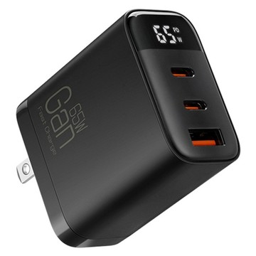 CYKE GaN氮化鎵數顯三孔PD快充充電器 USB-A + USB-C 65W CYKE-K39  黑色  1個