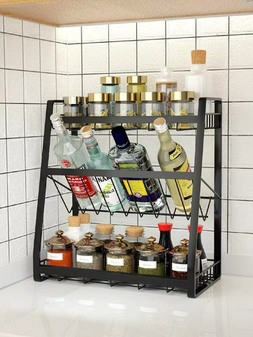 黑色三層廚房用品收納置物調料架 廚房拆裝置地家居 調味架子