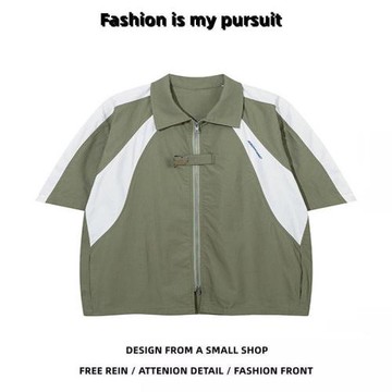 潮牌夏季短袖襯衫男新款港風拼色雙拉鏈炸街情侶POLO衫運動上衣男